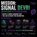 A promotional graphic with the text "MISSION: SIGNAL DEVRI" and "CREATE A MOMO DARUMA THAT THE LAB IS READY FOR INCUBATION," featuring small icons of plush toys and potion bottles.