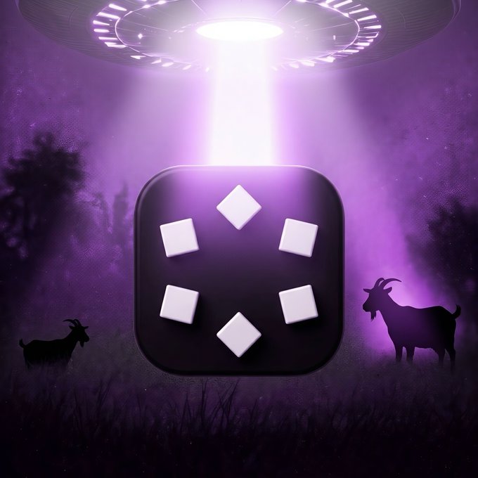 An artistic illustration showing a UFO abducting an app icon with a black square and white diamond pattern, accompanied by goat silhouettes in a purple-tinted forest scene.