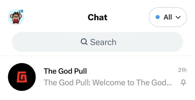 A screenshot of a chat interface showing a message notification from "The God Pull" sent 21 hours ago with the preview text "The God Pull: Welcome to The God..." The image relates to the post by displaying the Discord/inbox notification confirming the user has been added to "The God Pull" group, which is offering guaranteed mint spots to 200 lucky members on July 27th via OpenSea.