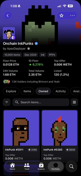A screenshot of the "Onchain InkPunks" NFT collection by ApexDeployer on OpenSea, showing a floor price of 0.0128 ETH and 1.68 ETH in 24-hour volume, with InkPunk #5911 and #5385 displayed. The image relates to the post as it shows the user sweeping two Punk NFTs at low offers (0.006 ETH each, roughly $9), marking their first Ink Punk purchase from this pixel-art collection.