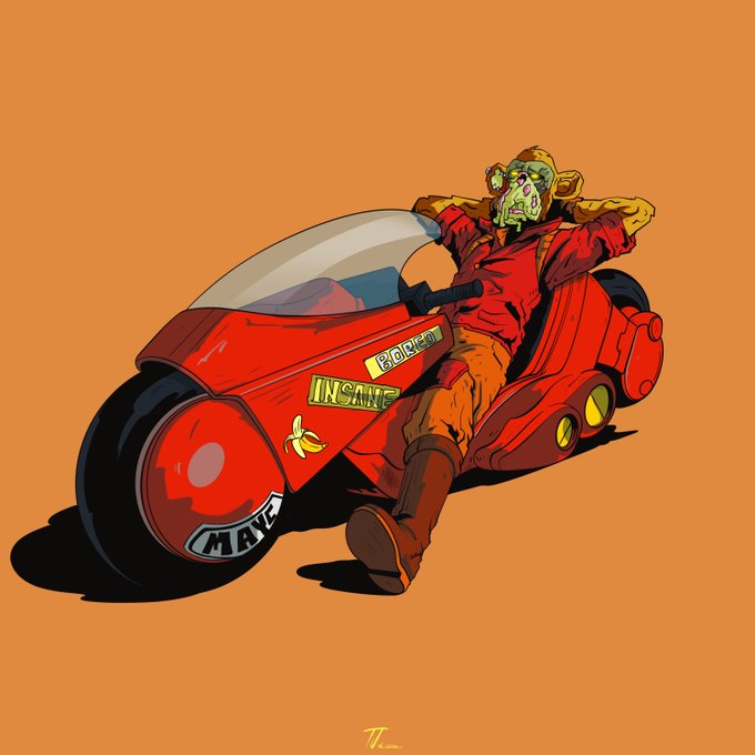 A comic-style illustration depicts a character with a yellow skull-like mask riding a red futuristic motorcycle labeled 'INSANE' and 'MAV' on an orange background.