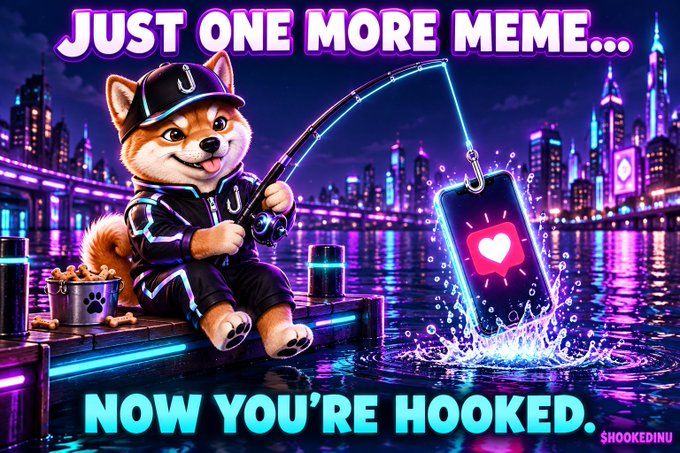 An AI-generated meme showing a Shiba Inu dog wearing a 'J' cap fishing for a smartphone with a heart notification, with text 'JUST ONE MORE MEME...' at the top and 'NOW YOU'RE HOOKED.' at the bottom, branded '@HOOKEDINU'.