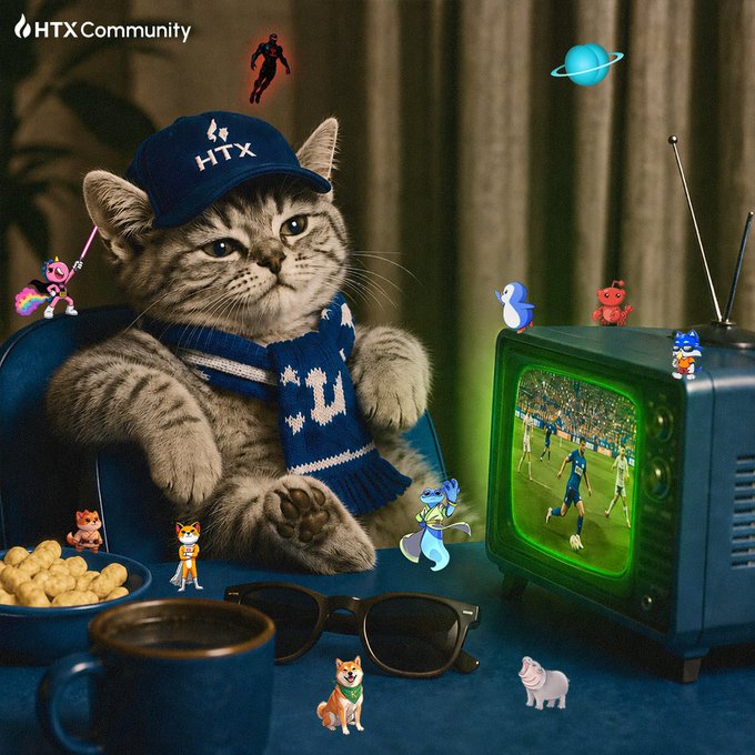 A cat wearing an HTX cap and scarf sits beside a vintage TV showing a soccer match, surrounded by small cartoon figures and HTX branding, capturing the "big game" spirit of the post.