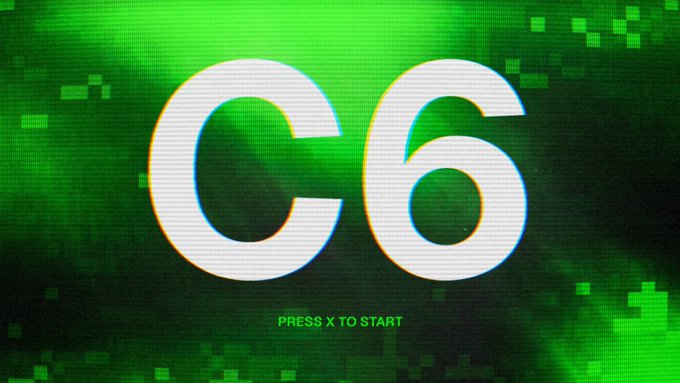 A digital, retro-style graphic displays the large white text "c6" against a green, pixelated background with the instruction "PRESS X TO START" below it.
