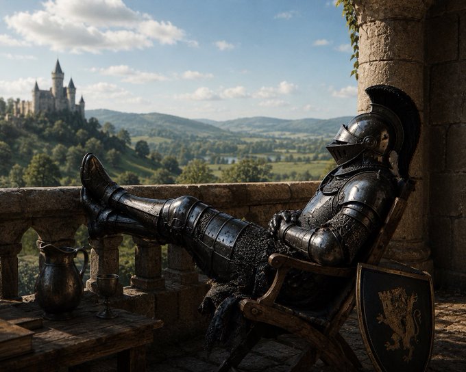 A knight in shining armor relaxes in a wooden chair on a stone balcony, with a goblet and pitcher nearby, overlooking a lush valley and distant castle.