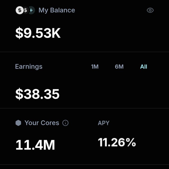 Screenshot of a Tori Finance dashboard showing a "My Balance" of $9.53K with $38.35 in earnings, 11.4M cores, and a current APY of 11.26%, matching the post's stats highlighting the new Ecosystem Vault yield.