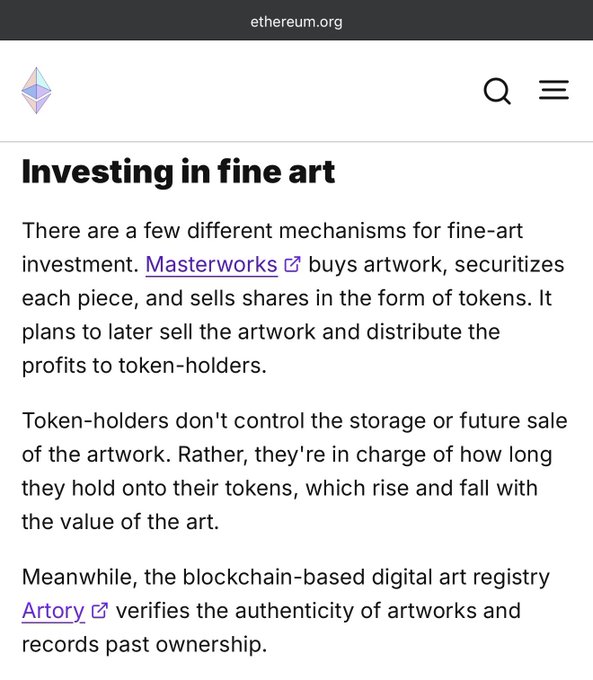 A mobile screenshot from ethereum.org discussing "Investing in fine art," mentioning platforms Masterworks and Artory for tokenizing and verifying artwork.