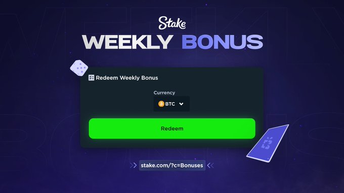 A promotional graphic for Stake's Weekly Bonus features a dark interface with a green "Redeem" button and BTC currency selector, directing users to stake.com/?c=Bonuses. The image aligns with the post's announcement of Stake's Weekly Bonus offer and provides the call-to-action to claim the exclusive VIP rewards.