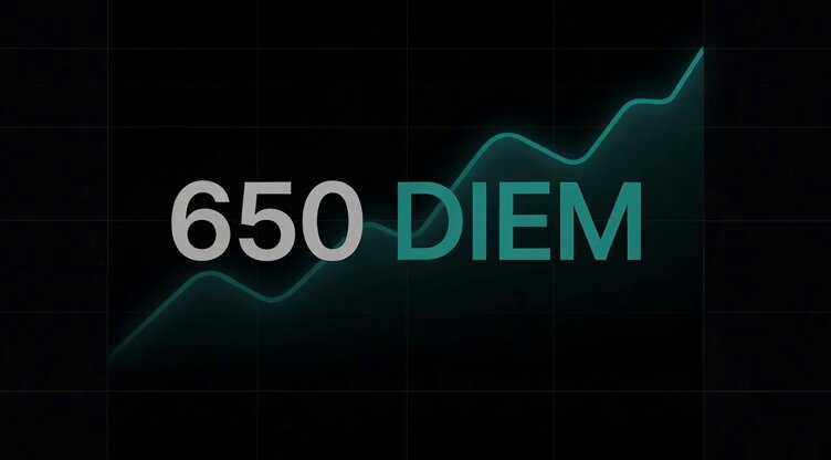 The text in the image reads "650 $DIEM", which is the title of a post on social media. It states that 650 dollars have been invested in the cryptocurrency called DIEM or Digital Identity Energy. This particular investment has reached a milestone of 1,000 points and is now rewarded to those who've invested it before. The text also mentions an event where people can learn about how this project works and the benefits it offers for investing in cryptocurrencies like DIEM.