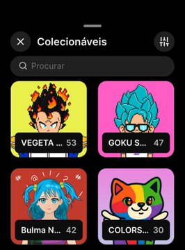 A mobile app screen titled "Colecionáveis" displays a collection of NFT collectibles, including characters named VEGETA (level 53), GOKU S... (level 47), Bulma N... (level 42), and COLORS... (level 30). The image showcases the NFT collection referenced in the post, which mentions purchasing 3 Goku and 3 Vegeta NFTs, bringing the total holdings to 142 NFTs worth over 28 $SOL.
