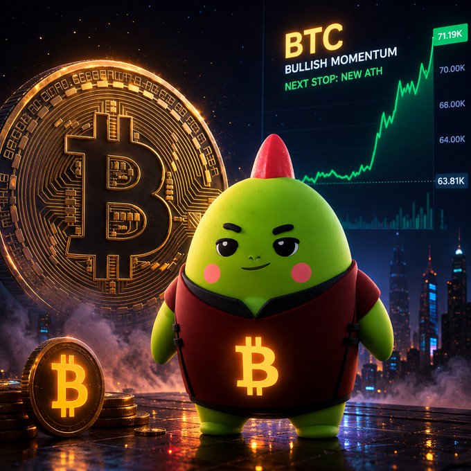 A digital illustration features a green pear-shaped meme character wearing a red shirt with a Bitcoin logo, set against a backdrop of a giant Bitcoin coin and a price chart showing a bullish BTC trend toward 71.19K with text "BTC BULLISH MOMENTUM NEXT STOP: NEW ATH".