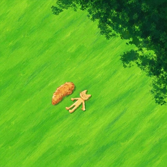 An overhead illustration of an orange cat relaxing next to a brown object on a grassy lawn near a tree.