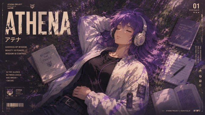 A stylized anime poster of "ATHENA" (full text: "ATHENA アテナ — GODDESS OF WISDOM. BEAUTY IS POWER. WISDOM IS CONTROL."), showing a purple-haired figure with headphones resting among books including "BEYOND THE CHAOS," with the post encouraging starting your content journey in a bear market when the noise is lower and competition is sparse.