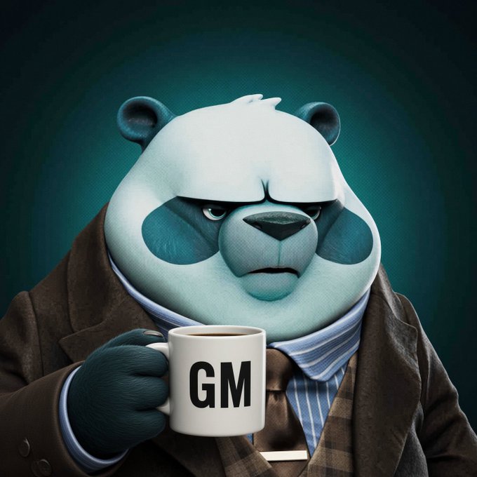 A grumpy-looking CGI panda in a brown coat holds a white mug labeled "GM" against a teal background, humorously capturing the morning coffee ritual referenced in the "GM Fam Grand Rising Yall Higher" post.