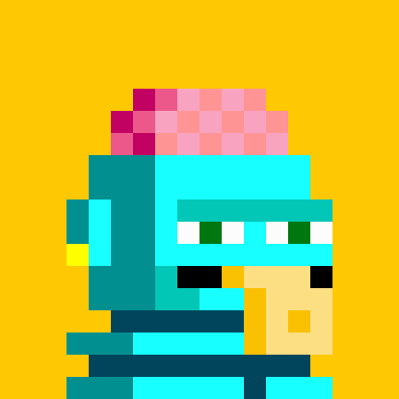 A pixel art character with a teal helmet, pink mohawk, and yellow skin is displayed on a yellow background, serving as the unique PFP (profile picture) NFT being announced for the free mint event on Thursday, September 3.