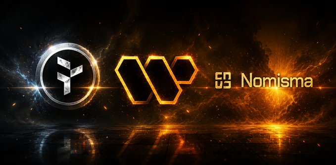 The image features a large banner with three different logos displayed against a black background. The first logo is a silver circle containing a white "F" inside of it. The second logo is a gold hexagon with a "W" on top, and the third logo is an orange triangle with a "P" on top. Below these logos, there are two lines of text that read "56 Nomisma" and "Not many projects make me want to come back every day. But lately I've found myself checking in on @NomismaNetwork, @useTria, and @wallchain more often". The image also contains a reference to the post "@NomismaNetwork just opened Season 3 to everyone by making Nomizen ID free."