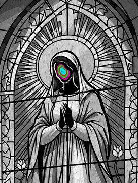 A stained glass-style illustration depicting a hooded figure in prayer, with a vibrant multicolored circle replacing the face area, showcasing the final polished version with refined details and color accents against the monochrome sketched detail.