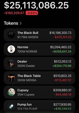 A portfolio tracker displays a total value of $25,113,086.25 (-$160,209.67, -0.63%), showing the top holding "The Black Bull" ($ANSEM) at $16,198,300.73 (-$470,101.03), followed by Normie ($NORMIE) at $5,094,465.32 (+$358,641.34), and Dealer ($DEALER) at $512,053.12 (+$294,170.86), with other tokens like MENSA, CUPSEY, and PUMP making up the remainder. The image supports the post by illustrating $DEALER's growing position ($294K gain) alongside $ANSEM in what appears to be the "Ansemfolio."