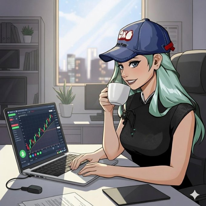 An anime-style illustration of a mint-green-haired character wearing a blue cap, drinking from a cup while seated at a desk with a laptop displaying a stock trading chart.