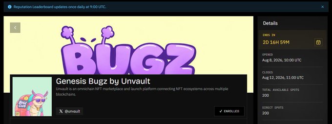 A user interface displaying the "Genesis Bugz by Unvault" NFT collection on a reputation leaderboard, with details showing the event ends in 2 days 16 hours 59 minutes, opened on August 8, 2026, and closes August 12, 2026, with 200 total available spots and 200 direct spots, confirming the user's enrollment. The accompanying post aligns with the image by reminding users they can qualify for the first stage FCFS mint through the Nucleus leaderboard rankings, noting the roughly 2 days 17 hours remaining countdown visible in the interface.