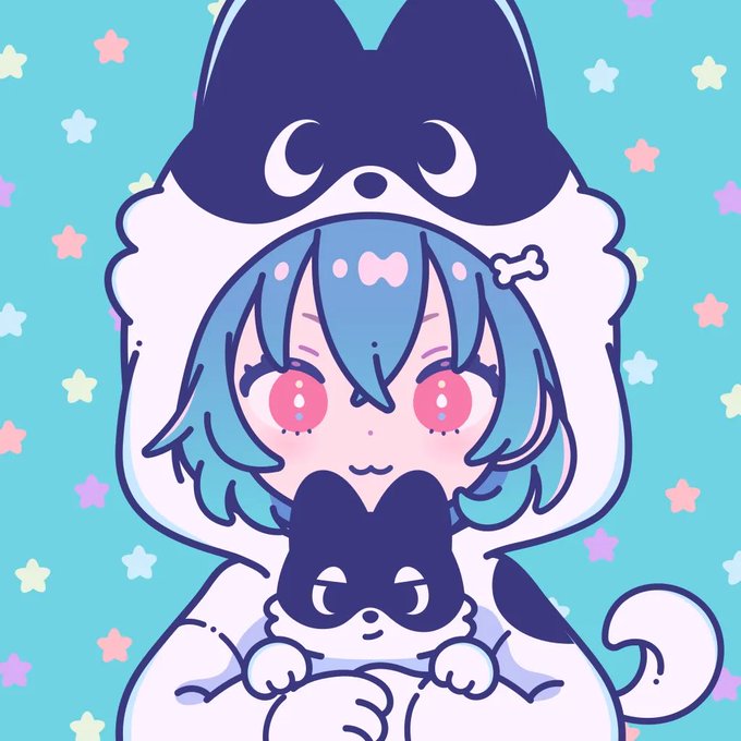 A cute digital illustration of a blue-haired character wearing a husky-themed hoodie, holding a small black and white husky plushie against a starry turquoise background.