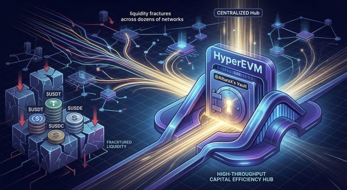 The image features a detailed illustration of a complex network of interconnected blue boxes, with one box prominently displaying the text "HyperEVM". The network appears to be a hub for capital efficiency, as indicated by the phrase "High-throughput capital drag" in the caption above it. The image also includes a post that reads "Holding idle $USDT, $USDC or $USDE right now is a major capital drag. As liquidity fractures across dozens of networks, HyperEVM is quietly positioning itself as the high-throughput capital efficiency hub of this cycle @AlturaX's vault sits right at the epicenter." The caption provides context to the image and its relation to the post.