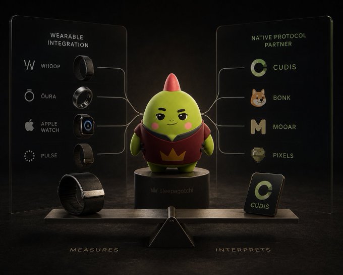 A promotional graphic for a green sprout-like character labeled '@sleepagotchi' showing 'WEARABLE INTEGRATION' partners (WHOOP, OURA, APPLE WATCH, PULSE) and 'NATIVE PROTOCOL PARTNER' integrations (CUDIS, BONK, MOOAR, PIXELS), with 'MEASURES' on the left and 'INTERPRETS' on the right.