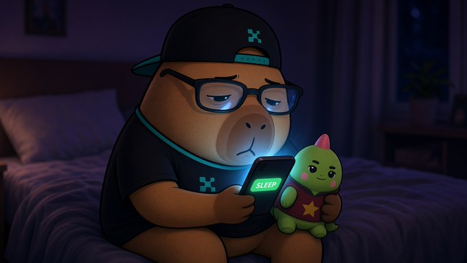 A digital illustration of a tired cartoon bear wearing glasses and a cap, sitting in bed at night looking at a phone displaying 'SLEEP' while holding a small green dinosaur plush toy.