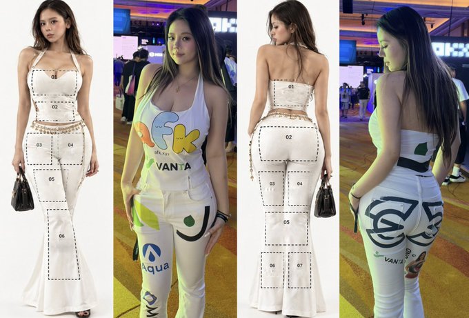 Four images display a white halter dress printed with numbered grid sections, alongside photos of a woman wearing a colorful, branded white outfit featuring logos like 'Vanta' and 'Aqua'.