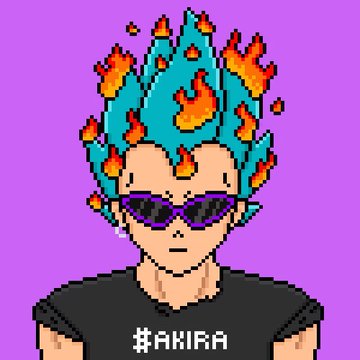 A pixel art avatar of a character with flaming blue hair, purple sunglasses, and a dark t-shirt reading "#AKIRA" against a purple background.