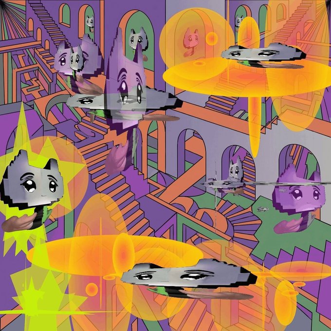 A surreal digital collage featuring pixelated cartoon faces with cat ears floating among Escher-style staircases and bright yellow geometric shapes against a purple background.