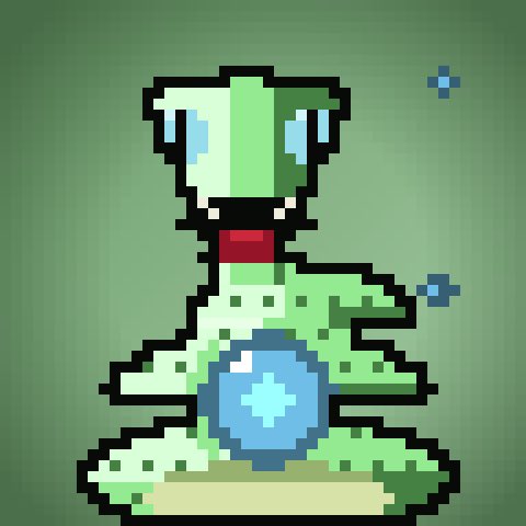 A pixel art depiction of a green alien or alien-like creature with a red mouth, standing on a small patch of ground against a dark green background, holding a blue orb.