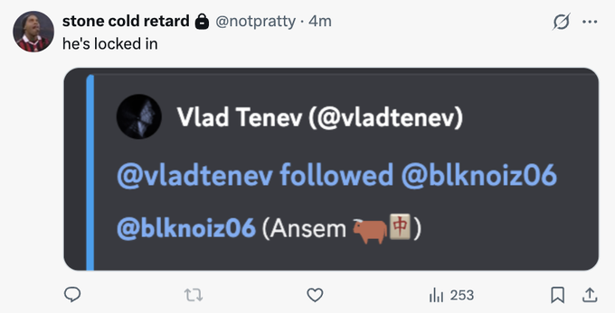 The image shows a screenshot of a tweet by "stone cold retard" (@notpratty) saying "he's locked in," which quotes another tweet from Vlad Tenev (@vladtenev) announcing that he followed @blknoiz06 (Ansem), suggesting a connection between the Robinhood CEO and the prominent crypto influencer. This relates to the post's discussion about bringing Solana tech plays to Robinhood (RH), as Vlad Tenev is the CEO of Robinhood and his public engagement with Ansem could signal potential crypto-related initiatives on the platform.