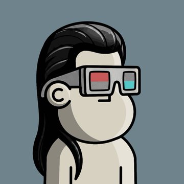 A cartoon-style illustration shows a character with long black hair wearing red-blue 3D glasses, visually reflecting the "Movie Eyewear" NFT trait mentioned in the post about a WETH lottery win.