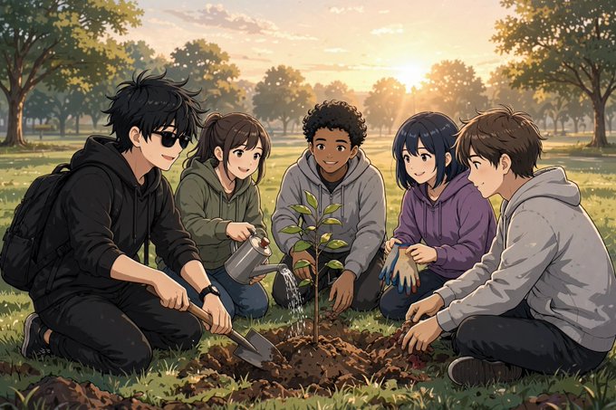 An anime-style illustration of five young people planting a tree in a sunlit park, with one character watering it and another holding a shovel.
