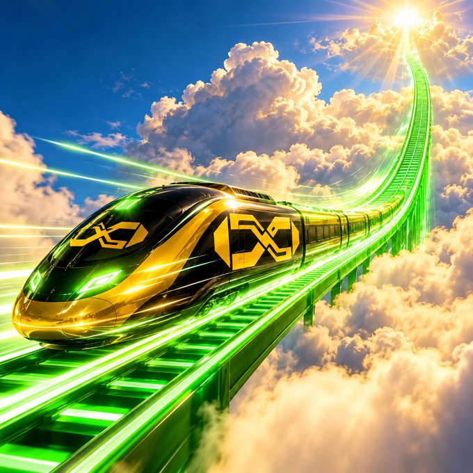 A stylized digital illustration of a futuristic yellow and black train traveling along a glowing green track through clouds toward the sun.