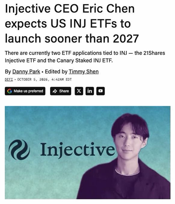 News article headline reading “Injectiive CEO Eric Chen expects US INJ ETFs to launch sooner than 2027,” mentioning the 21Shares Injectiive ETF and Canary Staked INJ ETF, with an “Injectiive” banner image below.
