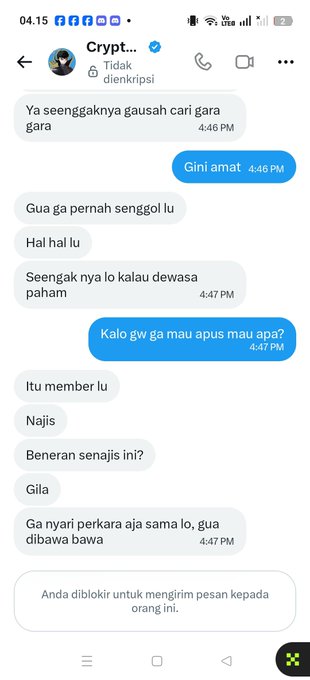 A screenshot of a Facebook Messenger conversation in Indonesian showing an exchange where one user questions another's promotion of MEXC, receives insults, and is ultimately blocked from sending messages, matching the post's context about confronting someone over promoting a crypto platform that held user funds.