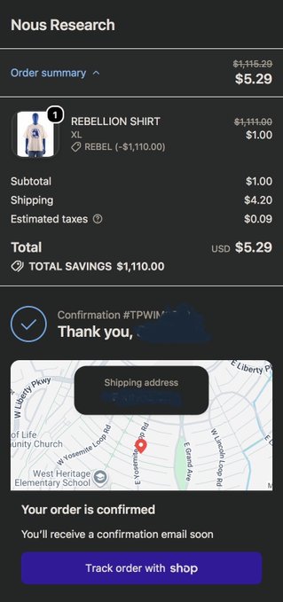 An order confirmation screen shows a 'REBELLION SHIRT' originally priced at $1,111.00 reduced by $1,110.00 to a total of $5.29, with a shipping address redacted in blue.