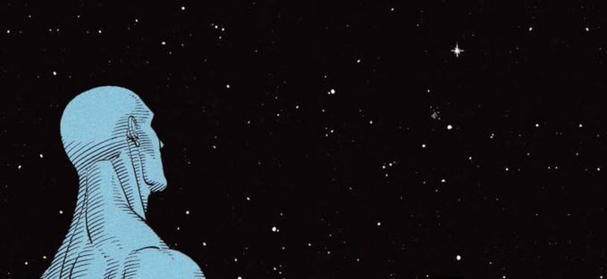 An illustration of Doctor Manhattan from Watchmen rendered in glowing blue against a dark starry sky.