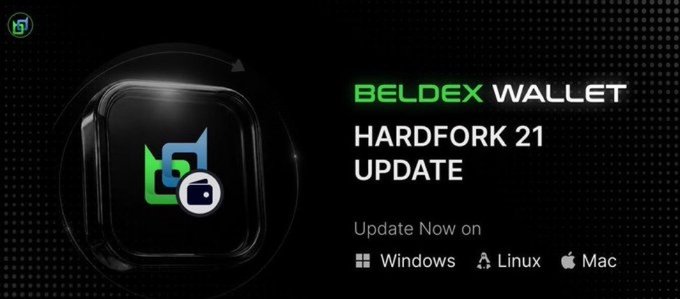 An advertisement for 'BELDEX WALLET HARDFORK 21 UPDATE' available on Windows, Linux, and Mac, featuring the wallet's logo.
