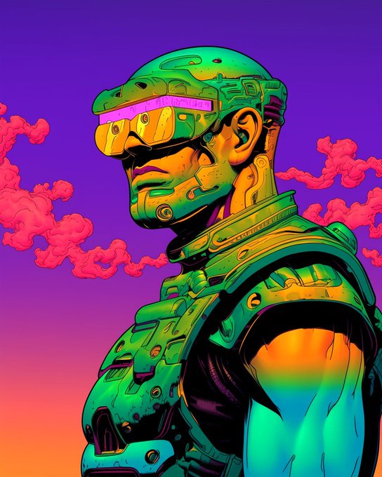 A vibrant digital illustration of a futuristic cyborg or robot with a green and orange helmet and visor, set against a purple sky with pink clouds.