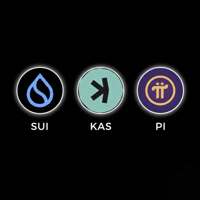 Three cryptocurrency logos displayed on a black background—SUI (blue water drop symbol), KAS (teal circle with arrow), and PI (purple circle with Pi symbol)—each with their ticker labels underneath, presented as options for viewers to select their preferred blockchain from.
