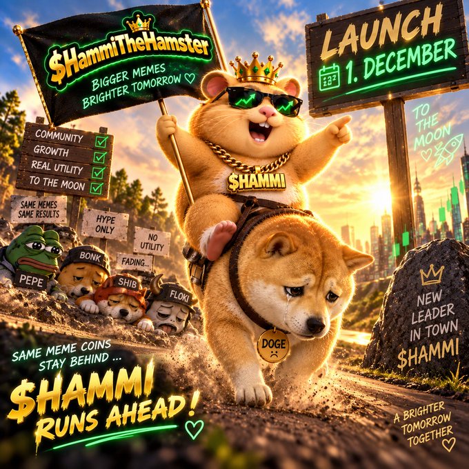 A promotional crypto meme image advertises '$HamiiiTheHamster' with a launch date of '1. DECEMBER', featuring a crowned hamster with sunglasses riding on a Doge, surrounded by defeated Pepe, BONK, SHIB, and FLOKI characters.