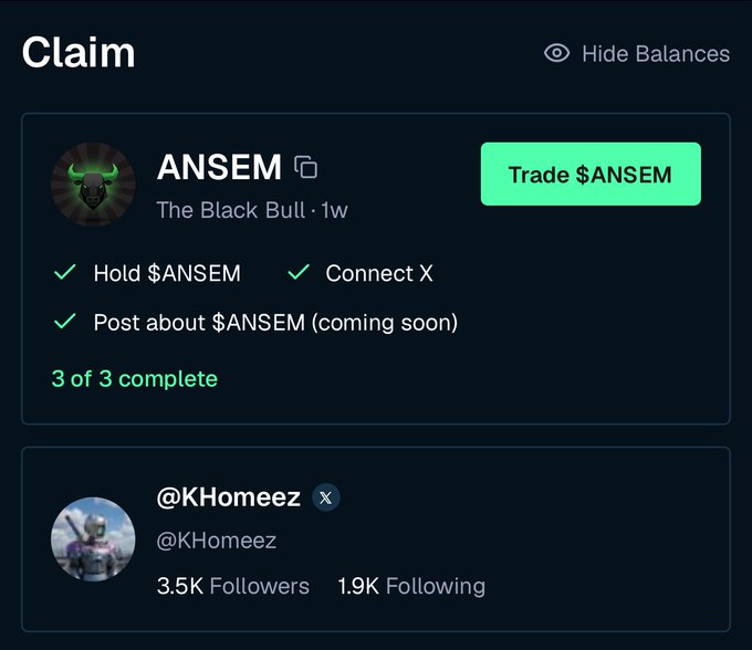 A dark-themed dashboard titled "Claim" displays the $ANSEM token page, showing "The Black Bull · 1w" with a green "Trade $ANSEM" button and three completed tasks: "Hold $ANSEM," "Connect X," and "Post about $ANSEM (coming soon)," marked as "3 of 3 complete" by user @KHomeez, who has 3.5K followers and 1.9K following. The image visually represents the airdrop setup progress referenced in the post, confirming the user has completed all required steps to qualify for the $ANSEM airdrop.