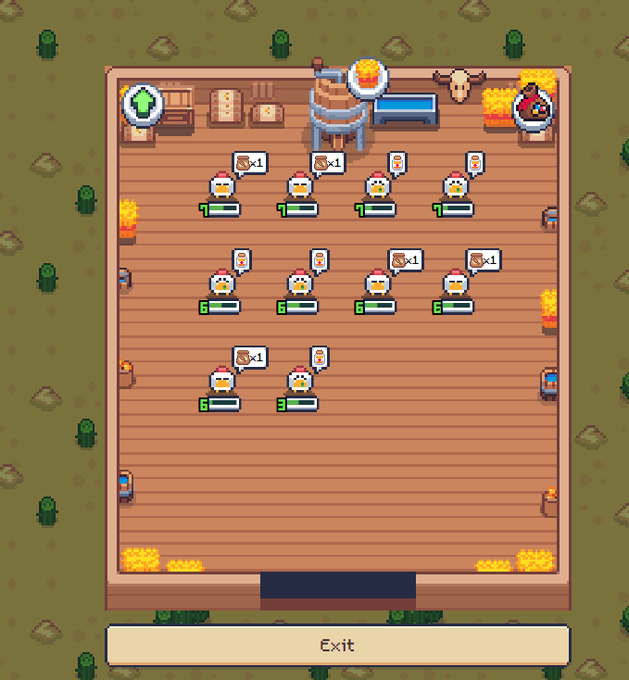 A pixel-art game screenshot showing a top-down view of a wooden building or farm area with multiple chicken characters arranged in rows. An 'Exit' button is visible at the bottom of the screen.