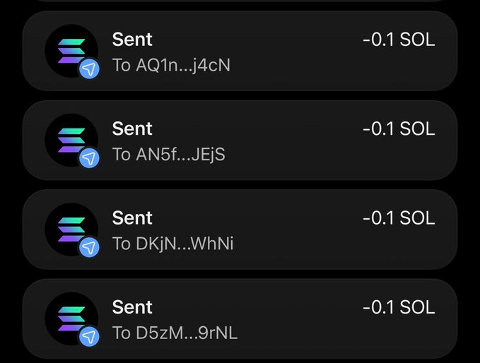 The image shows a cryptocurrency wallet displaying four "Sent" transactions, each for -0.1 SOL, sent to different wallet addresses (AQ1n...j4cN, AN5f...JEjS, DKjN...WhNi, and D5zM...9rNL). This relates to the post's call for users to check their wallets for a potential SOL airdrop, as the transactions show recent SOL activity that recipients may want to verify.
