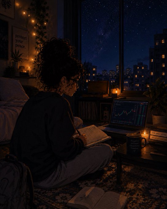 A young woman sits cross-legged on a patterned rug in a candlelit bedroom, journaling in a notebook beside a laptop displaying stock charts, with a city skyline and starry sky visible through the window and a "protect your peace" sign on the wall—evoking the post's "Gn all, Sweet dreams" sentiment of winding down and finding inner peace.