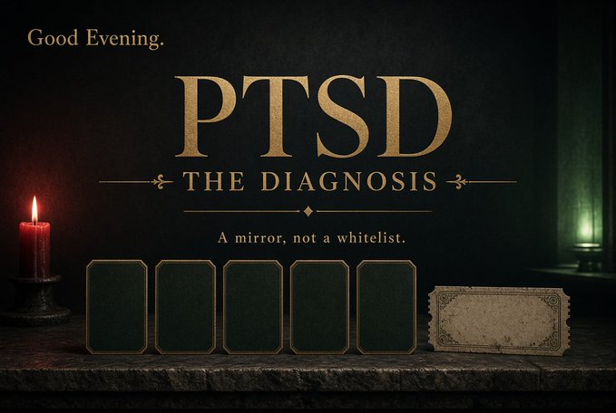 A dark, atmospheric title card reads 'Good Evening. PTSD THE DIAGNOSIS' with the tagline 'A mirror, not a whitelist.' displayed above a vintage ticket, accompanied by a lit red candle on the left.
