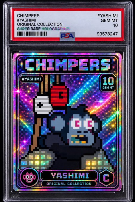 A graded PSA-10 holographic collectible card from the "CHIMPERS" collection featuring pixel art of a chimpanzee warrior named "YASHIMI".
